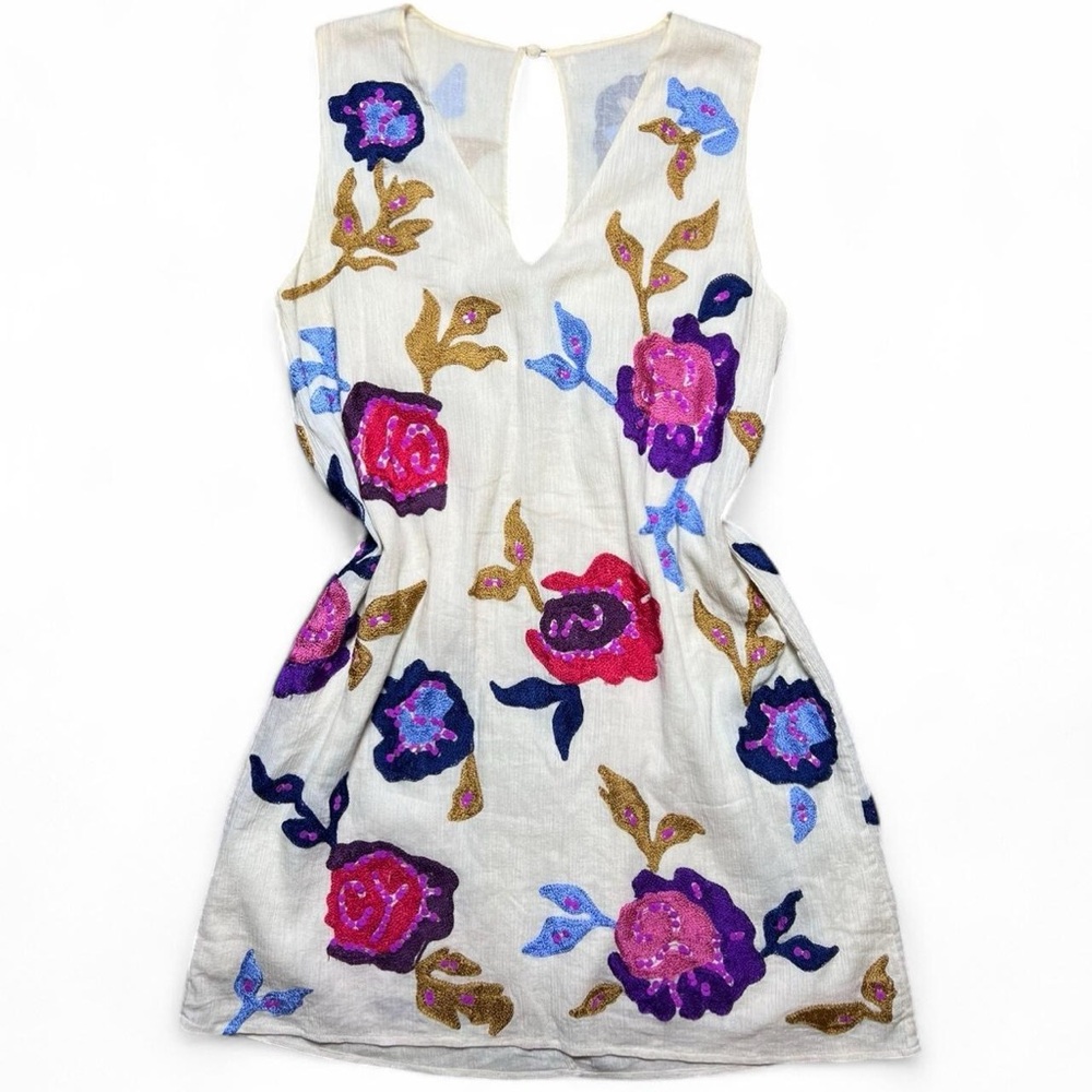 Free People Floral Embroidered Mini Dress - Cream, Pink, Blue